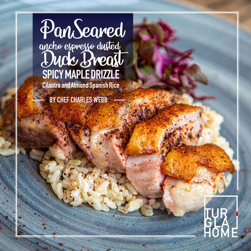 Oven Roasted Ancho Espresso Dusted Duck Breast With Bushwich Kitchen Spicy Maple Drizzle